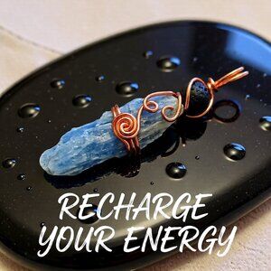 Handmade Rough Blue Kyanite + Black Lava Rock Pendant ~ Wire Wrapped with Copper
